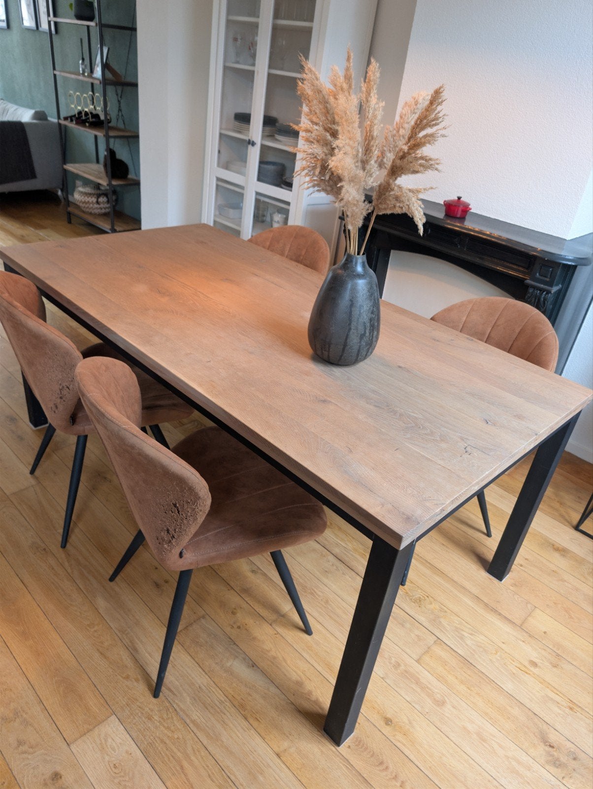 Eikenhouten eettafel met zwart metalen onderstel, Ophalen, Gebruikt, 50 tot 100 cm, Modern industrieel