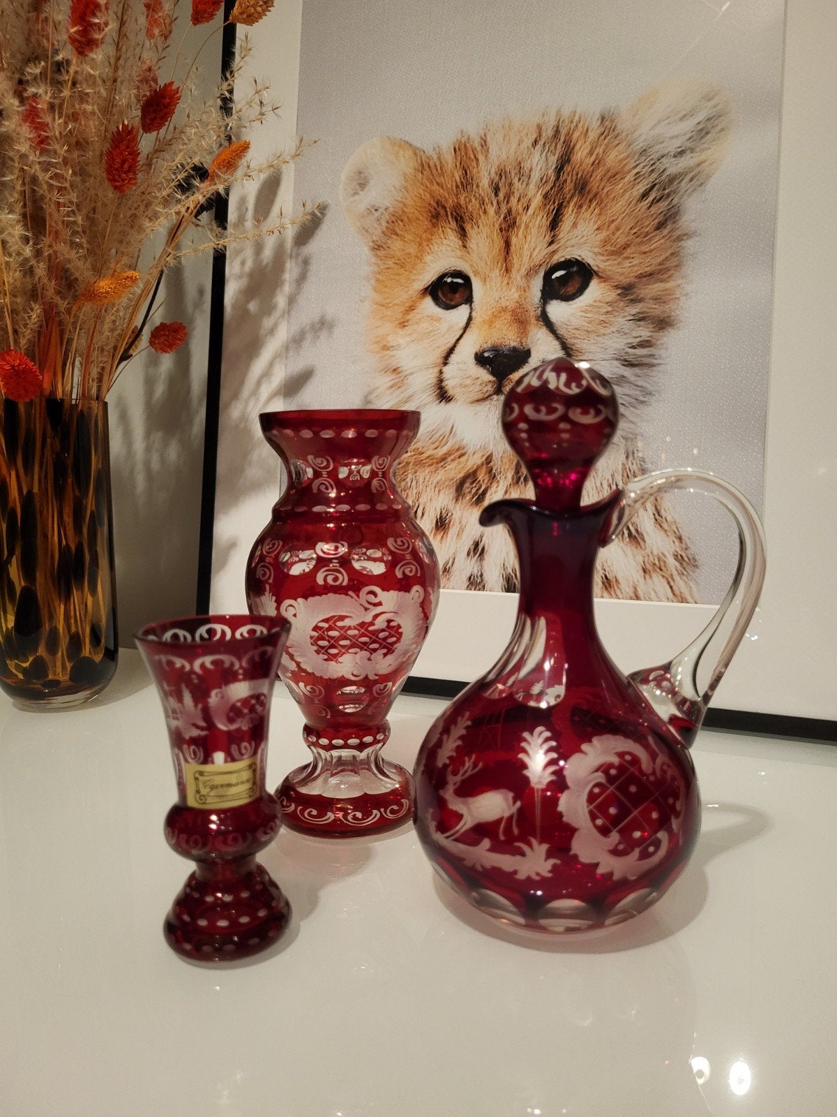 Egermann Boheems Kristal Rode Glazen Set - Karaf en Vazen, Ophalen of Verzenden