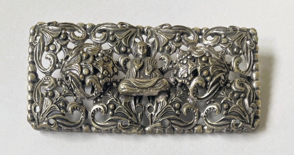 Broche filigrain met Boeddha - verzilverd - 1930's, Verzenden, Zilver, Broche