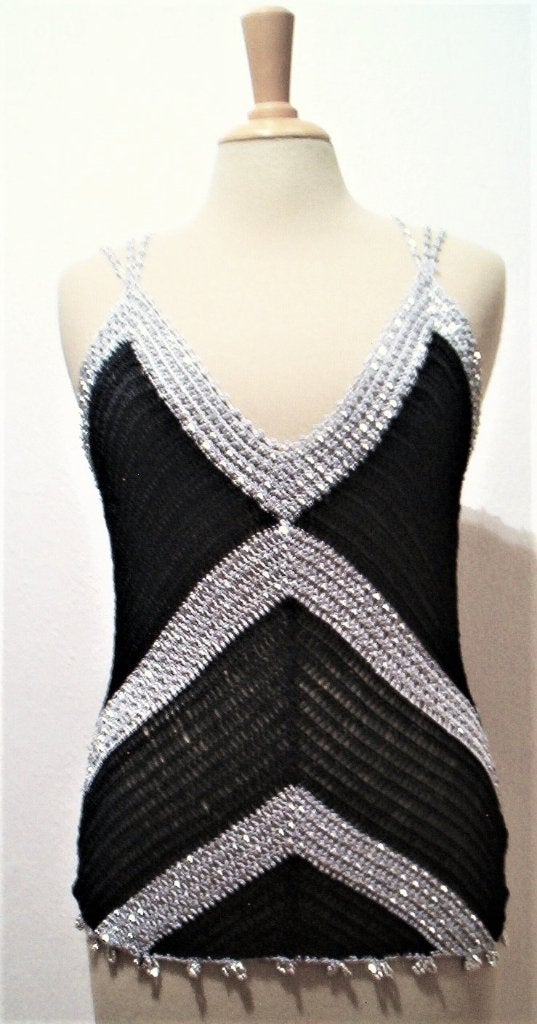Zwart/zilver crochet look fijn gehaakte top! 40, Maat 38/40 (M), Verzenden, Zwart, Zo goed als nieuw
