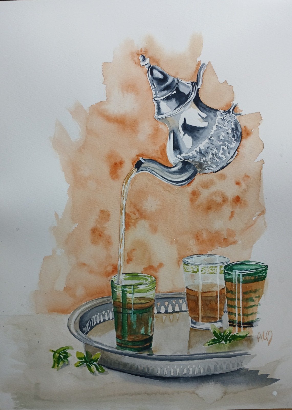 Aquarel Marokko, munt thee, Ophalen of Verzenden