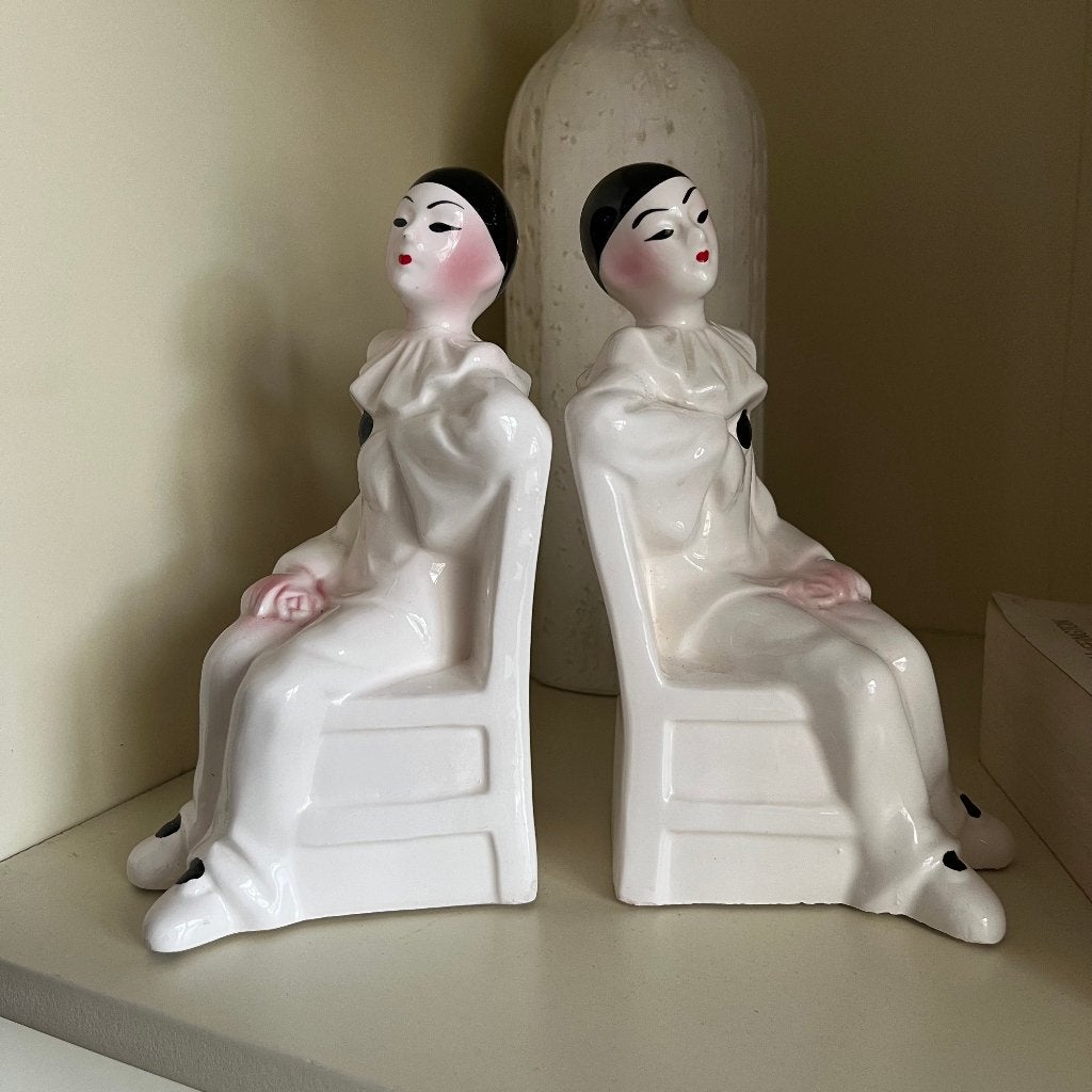 Vintage jaren '80 porseleinen Pierrot boekensteunen, Antiek en Kunst, Ophalen of Verzenden