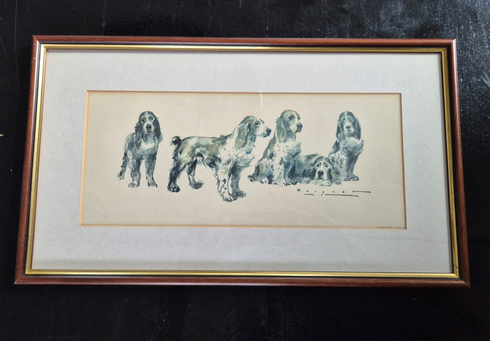 Ingelijste aquarel Vintage kunstdruk Cocker Spaniels, Antiek en Kunst, Ophalen of Verzenden, Tekening, Aquarel, Achter glas