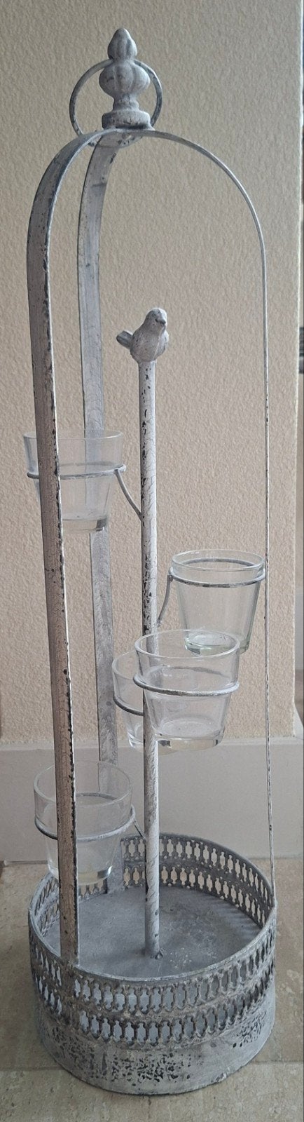 Decoratieve kandelaar/windlicht met vogel en glazen houders, Ophalen, Gebruikt, Metaal, Grijs