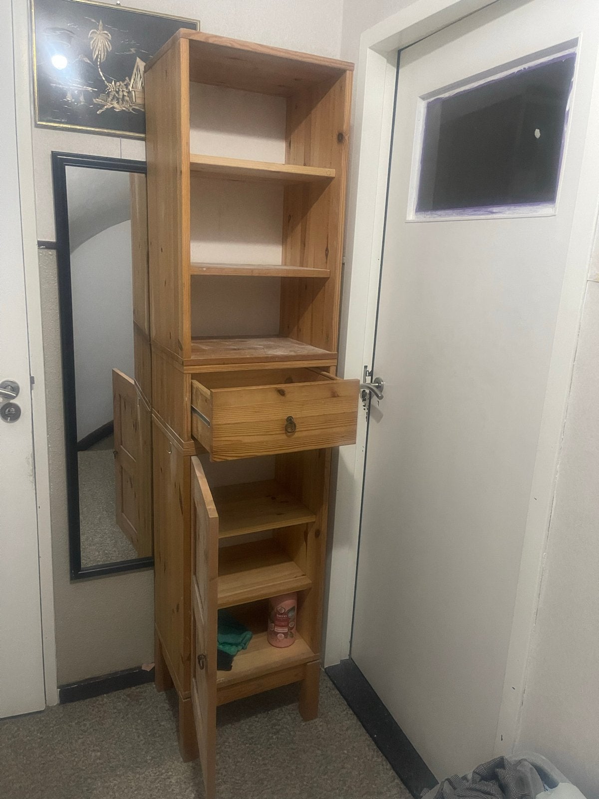 Houten kast met lades en planken van ikea, Huis en Inrichting, Badkamer | Badkamermeubels, (Half)hoge kast, Gebruikt, 25 tot 50 cm