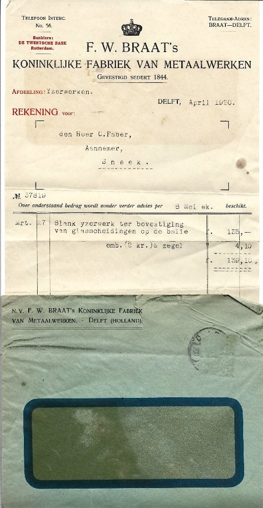 F.W. Braat Delft Fabriek Metaalwerken  document 1920, Verzenden, Gebruikt, Overige typen