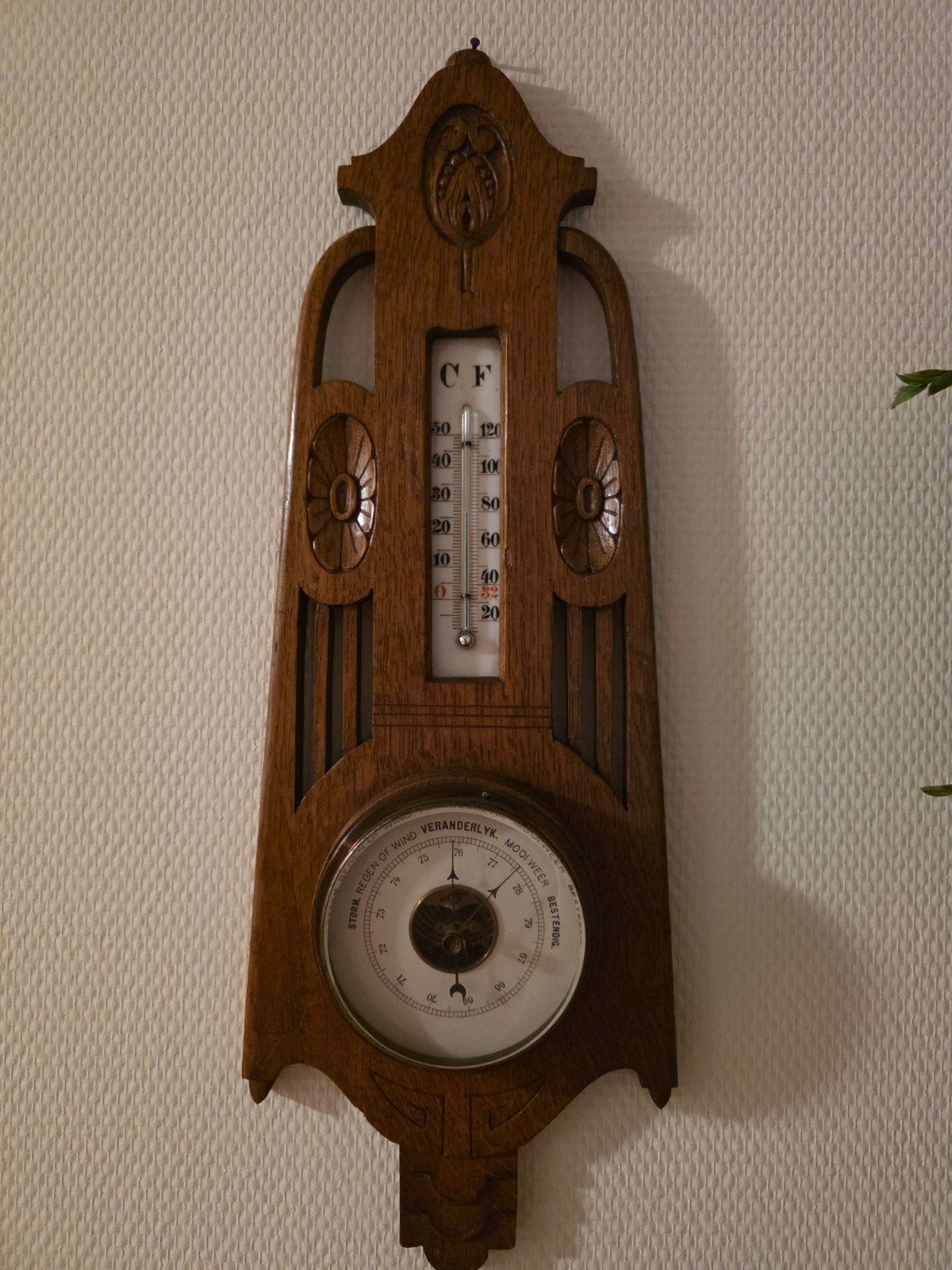 Antieke houten barometer en thermometer, Ophalen, Gebruikt, Barometer