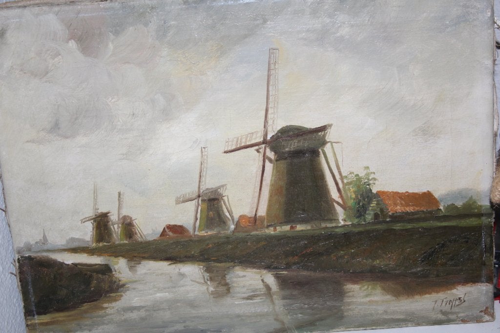 Schilderij zonder lijst met molens (T. Treffers?), Ophalen of Verzenden, Landschap