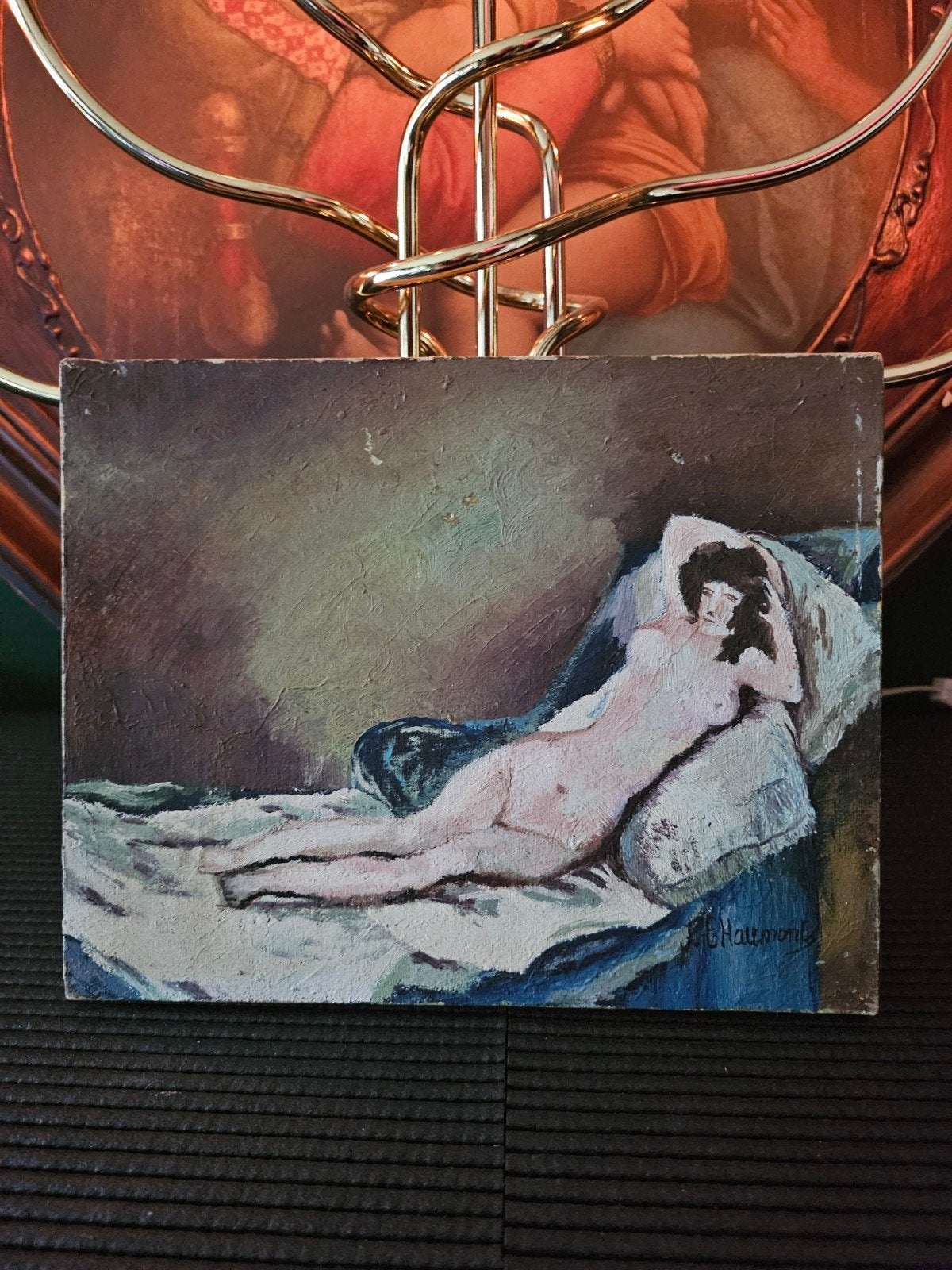 Zoldervondst: Naaktmodel op doek, gesigneerd, Origineel werk, Doek, Portret of Personen, Ophalen of Verzenden