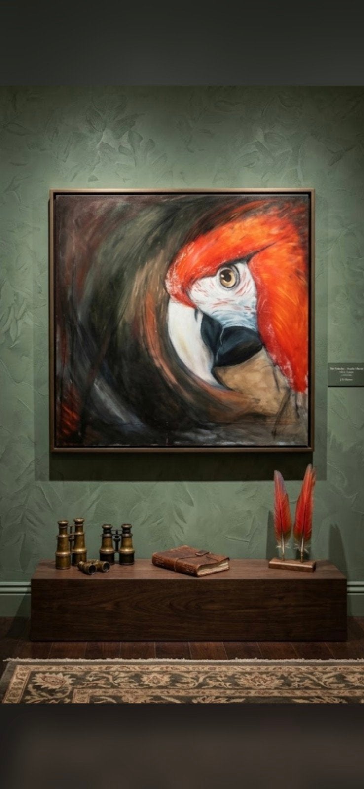 schilderij olieverf papagaai ara.1 x 1 meter gesigneerd 2003, Ophalen