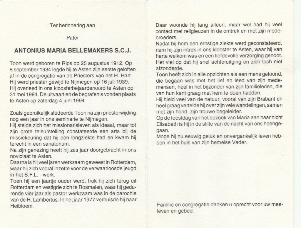pater bellemakers-rips-asten 1994, Ophalen of Verzenden, Bidprentje