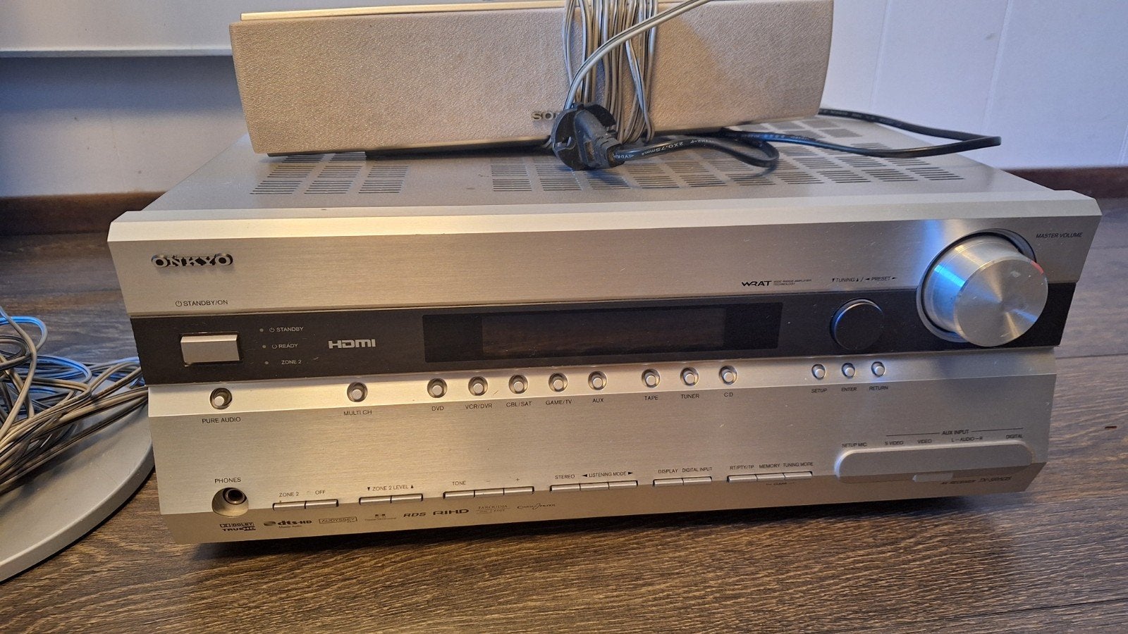 Onkyo TX-sr605 met mooie Sony sub en stalen speakers, 70 watt of meer, 5.1-systeem, Overige spelers, Ophalen