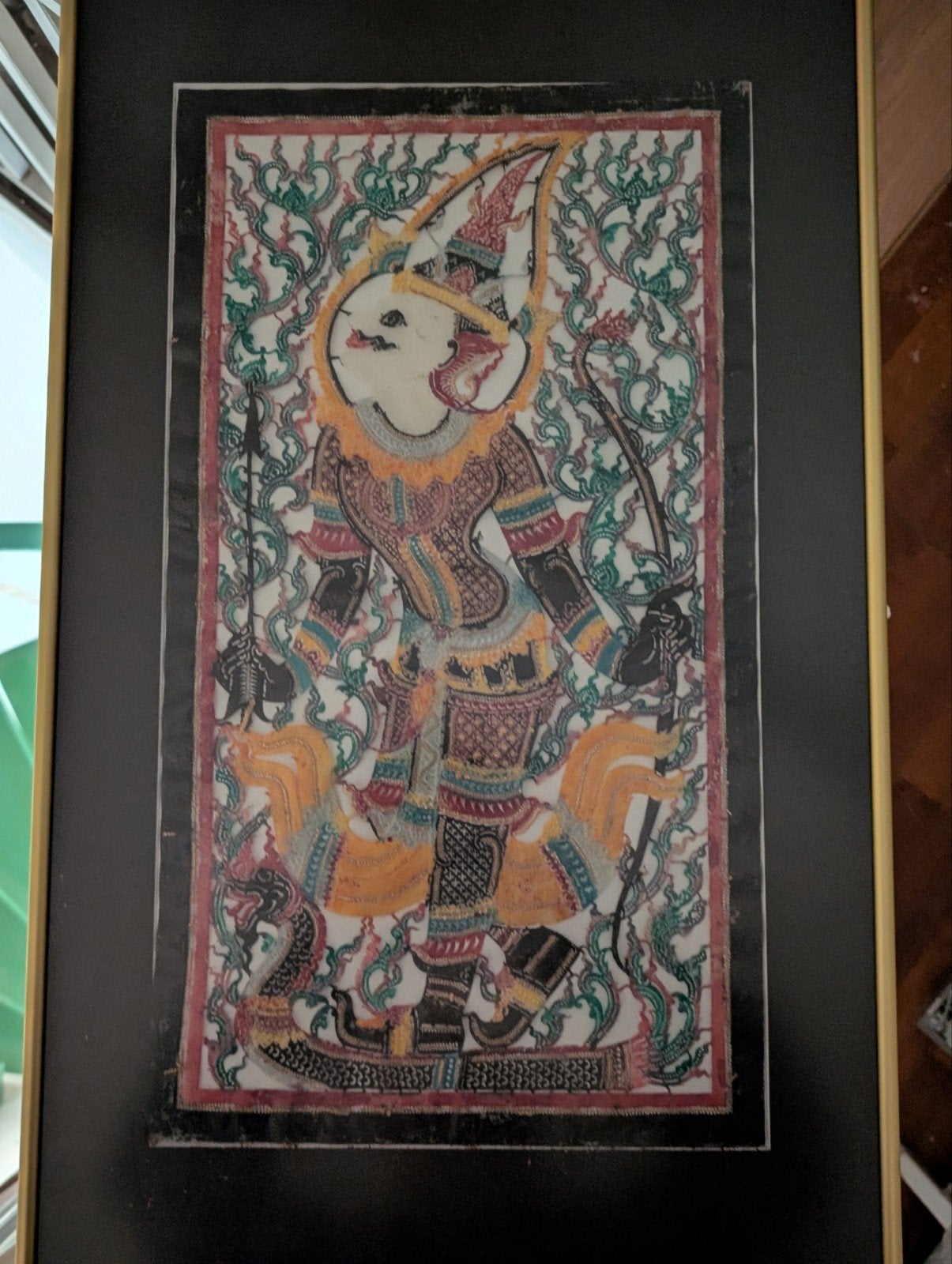 Twee ingelijste Thaise schaduwpoppen, van perkament, Schilderij, Natuurlijk materiaal, Ophalen of Verzenden, Meerkleurig