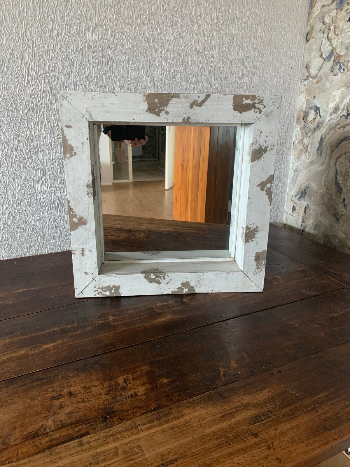 Vintage spiegel met houten lijst - Vierkant, Ophalen, Minder dan 50 cm, Gebruikt, Vierkant