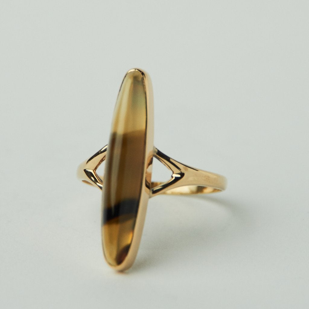Vintage gouden ring cocktailring agaat 14 karaat, Ophalen of Verzenden, Zo goed als nieuw, 17 tot 18, Met edelsteen