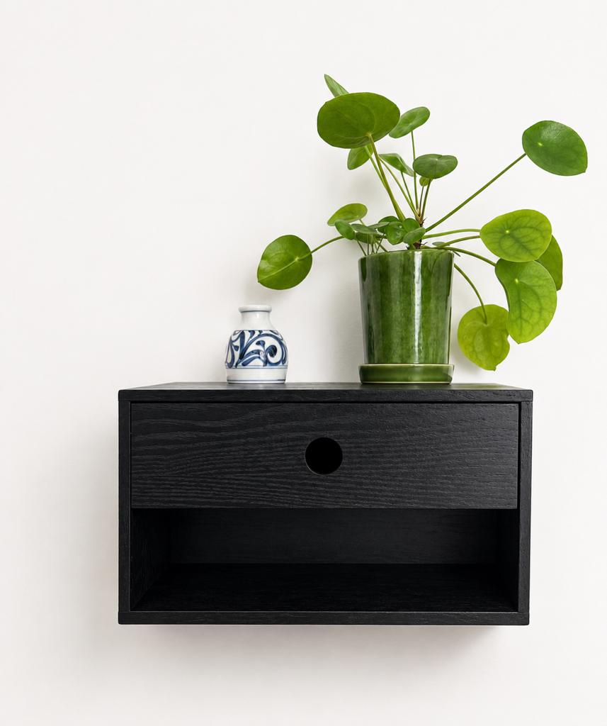 Zwevend zwart houten nachtkastje met lade, Minder dan 45 cm, Nieuw, Ophalen of Verzenden, Minder dan 55 cm