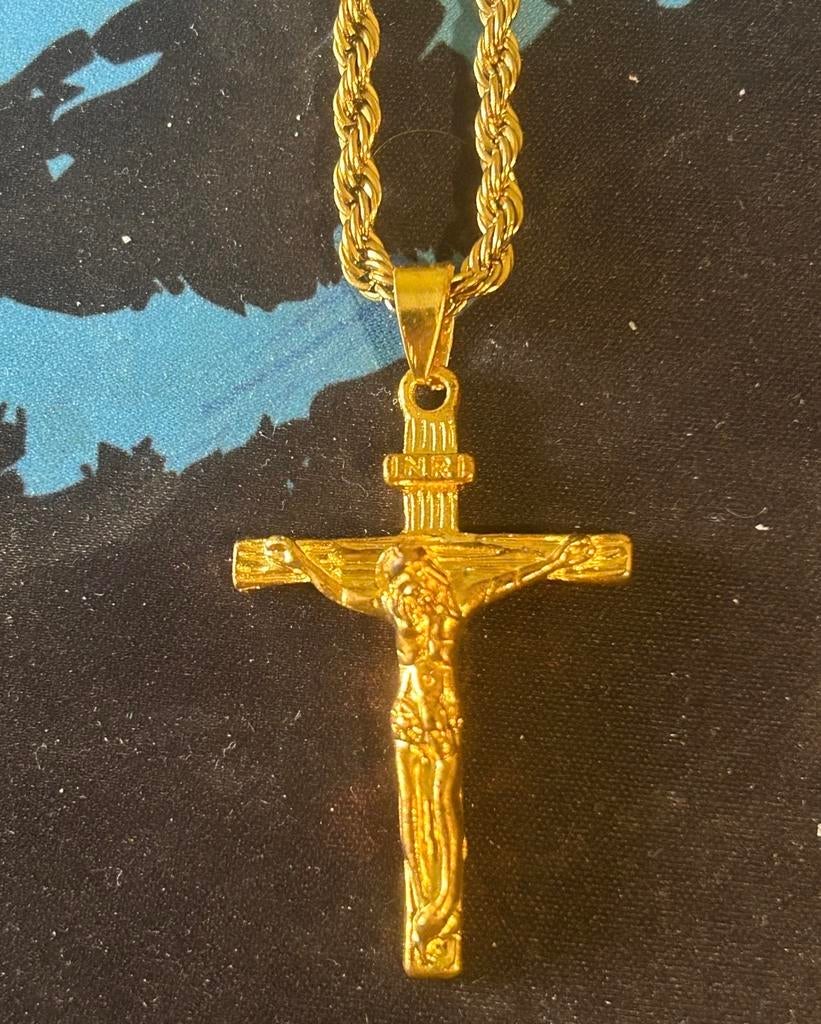 Goudkleurige Jezus Ketting RVS Waterbestendig + Armband, Nieuw, Ophalen of Verzenden, Goud, Overige materialen