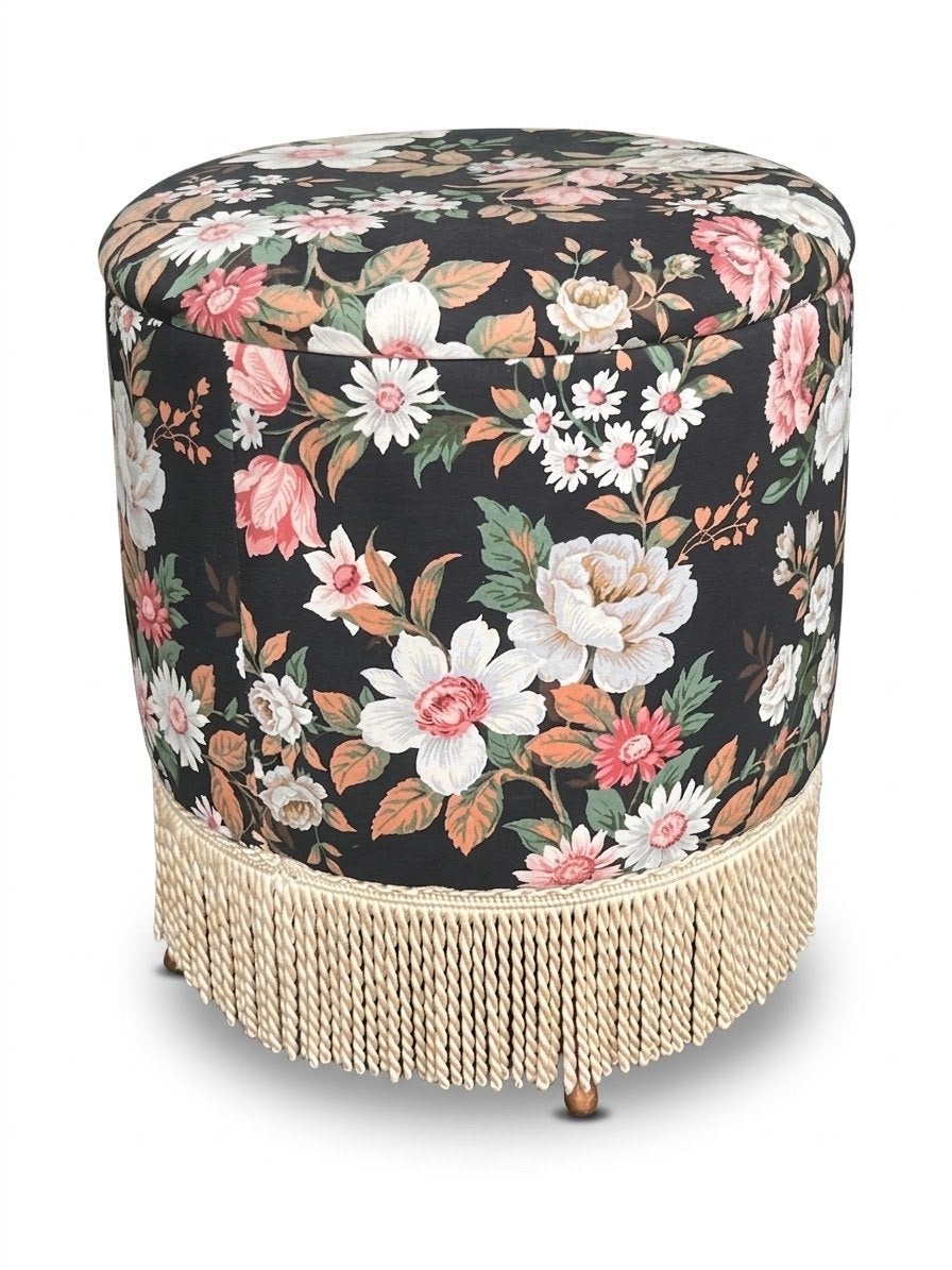 Vintage naaimand bloemenprint poef franjes | zwart roze Wit, Gebruikt, ., Overige typen, Ophalen of Verzenden