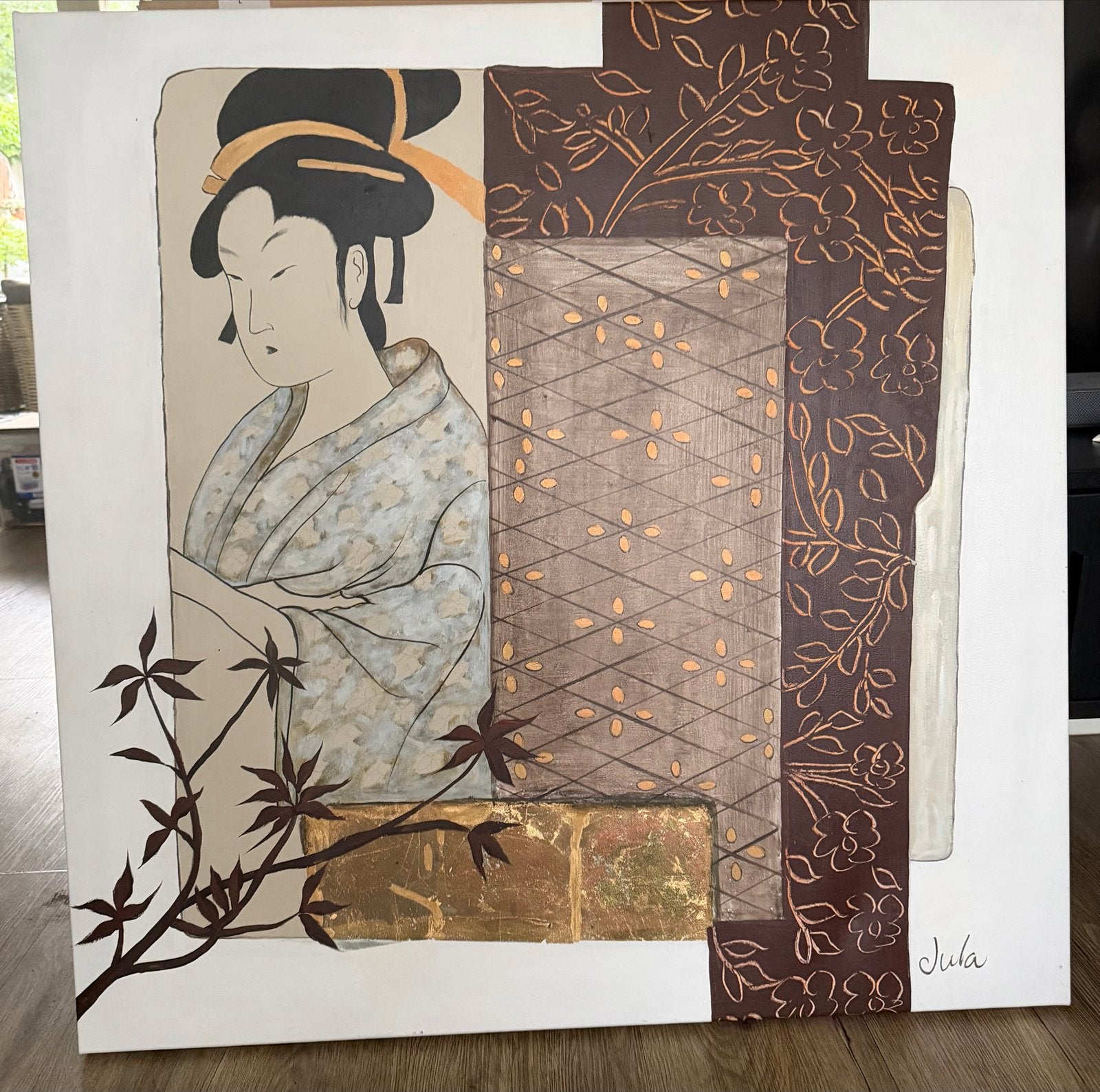 Japans schilderij 1x1 meter - Geisha met bloesem, Ophalen, Figuren, Textiel, Gesigneerd