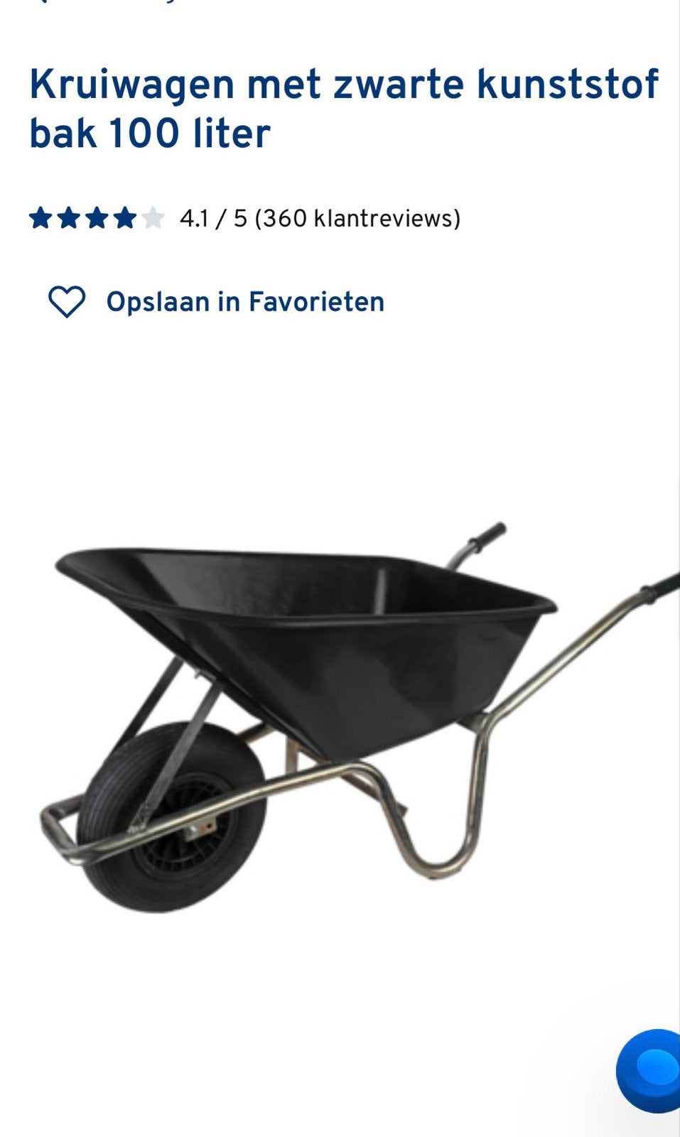 Kruiwagen met zwarte kunststof bak 100 liter, Ophalen, Zo goed als nieuw, Handmatig, Tweewielig