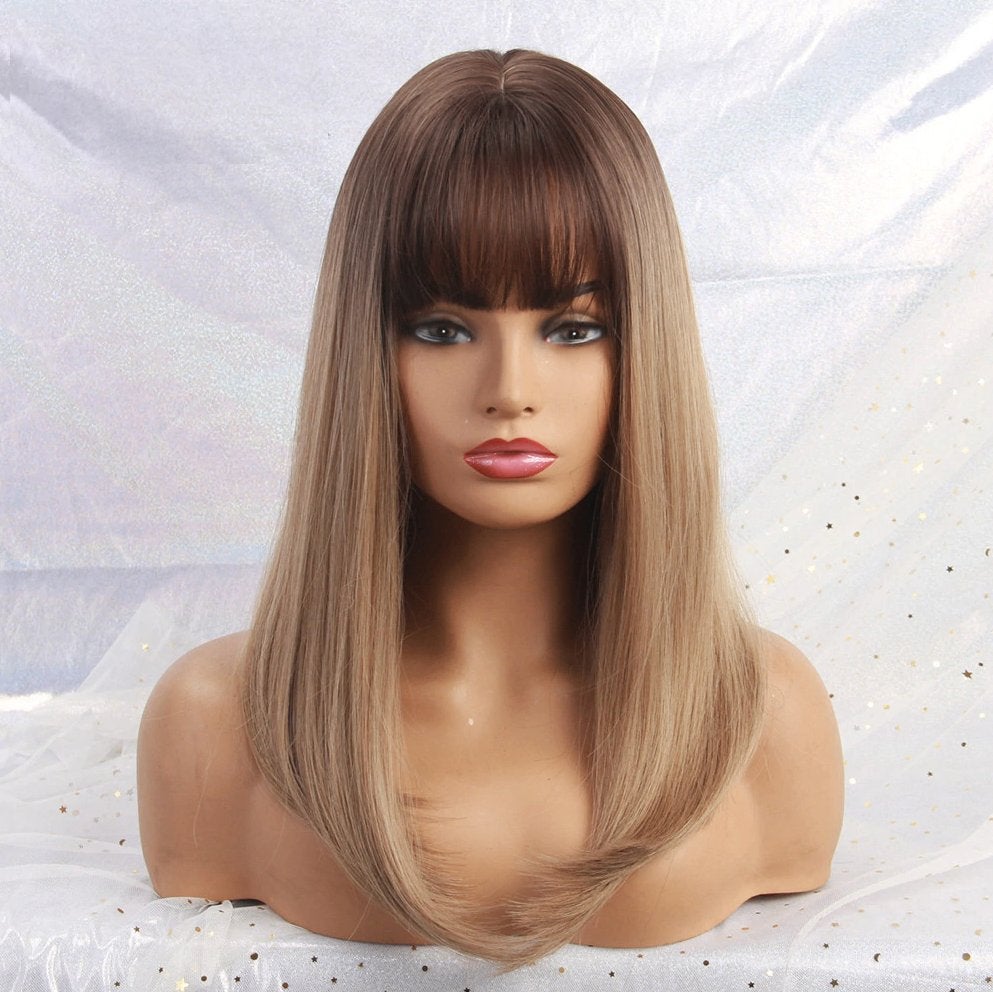 Bruine Ombre Steile Pruik Met Pony Haar Dames Vrouwen Bruin, Verzenden, Nieuw, Pruik of Haarverlenging