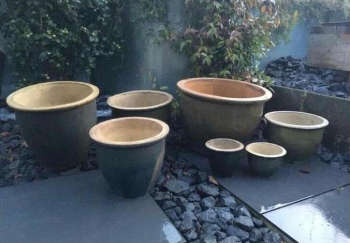 Vintage groene geglazuurde terracotta oud Hollandse potten, Tuin en Terras, Bloempotten, 25 tot 40 cm, Gebruikt, Rond, Ophalen of Verzenden