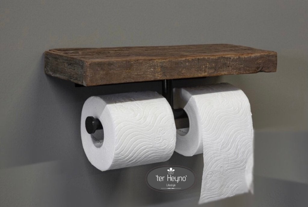Oud houten toiletrol houder dubbel hout toilet stoer sober, Verzenden, Nieuw, Hout
