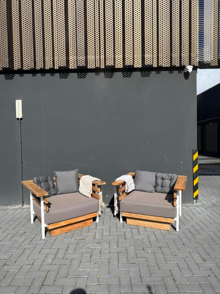 Unieke zomer tuinstoelenset met nieuwe kussens en dekens, Ophalen, Zo goed als nieuw, Hout