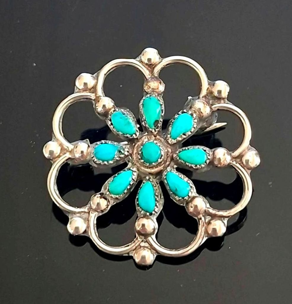 Zuni Sterling Silver Petit Point Turquoise Brooch, Sieraden, Tassen en Uiterlijk, Ophalen of Verzenden, Zilver, Broche, Met edelsteen