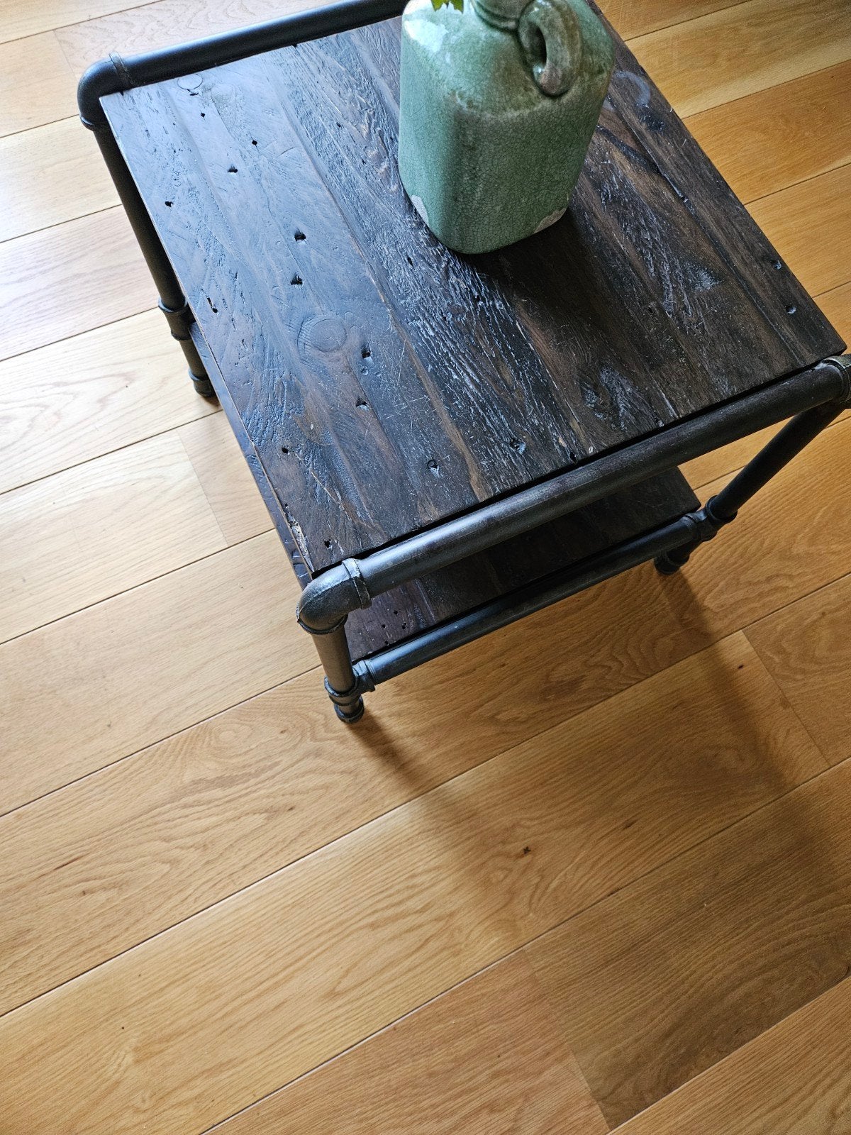 Industriële salontafel met houten blad en metalen frame, Minder dan 45 cm, Gebruikt, Industrieel, Rechthoekig