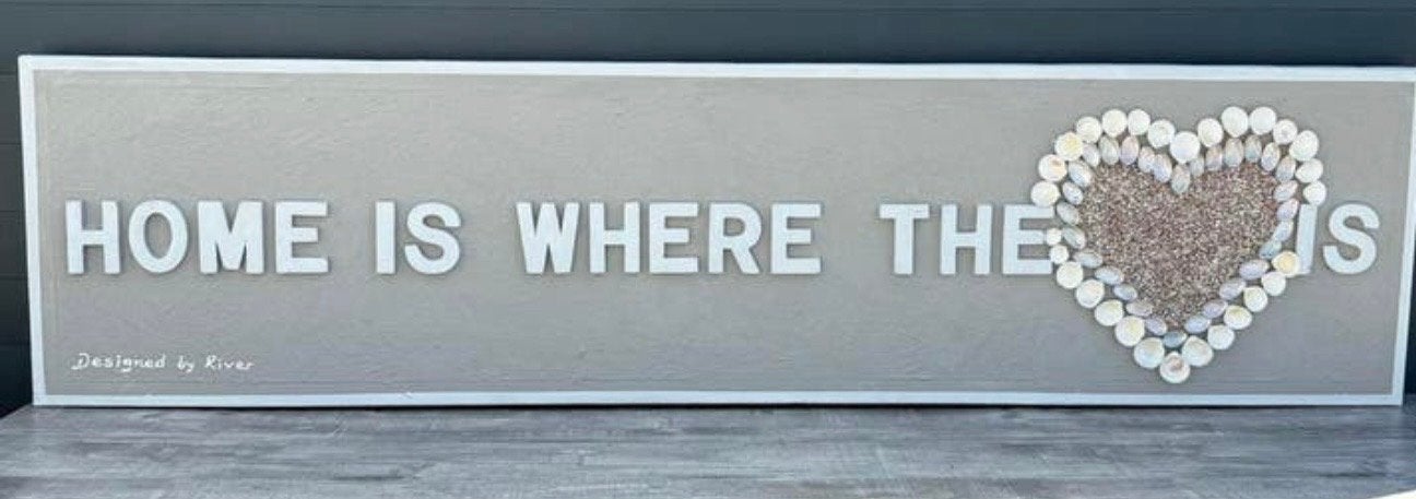 Wanddecoratie 'Home is where the heart is' met schelpen., Huis en Inrichting, Ophalen, Gebruikt, Hout, Wandbord of Wandpaneel