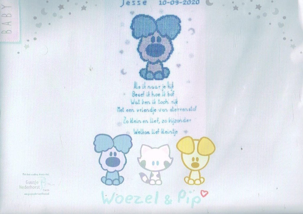Cado woezel & pip borduurpakket geboorte, met tekst JESSE, Ophalen of Verzenden, Nieuw, Handborduren, Borduurpakket