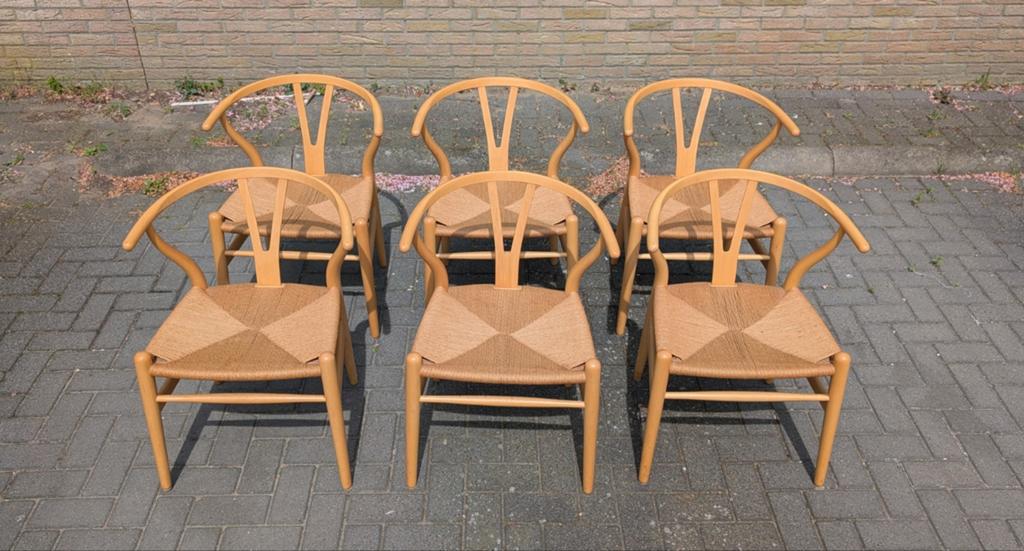 6 x vintage Hans Wegner CH24 Wishbone chairs, Huis en Inrichting, Ophalen, Zo goed als nieuw