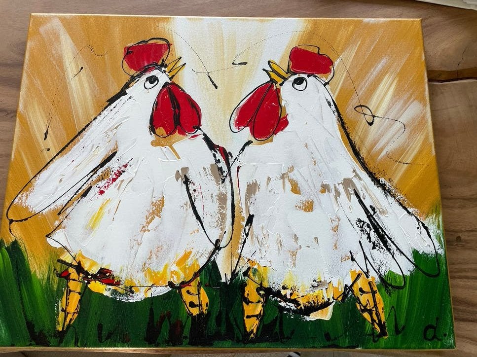 Schilderij 'Gezellige Kippen' van Corrie Marie Leusheid, Ophalen, Acrylverf, Dieren, Echtheidscertificaat