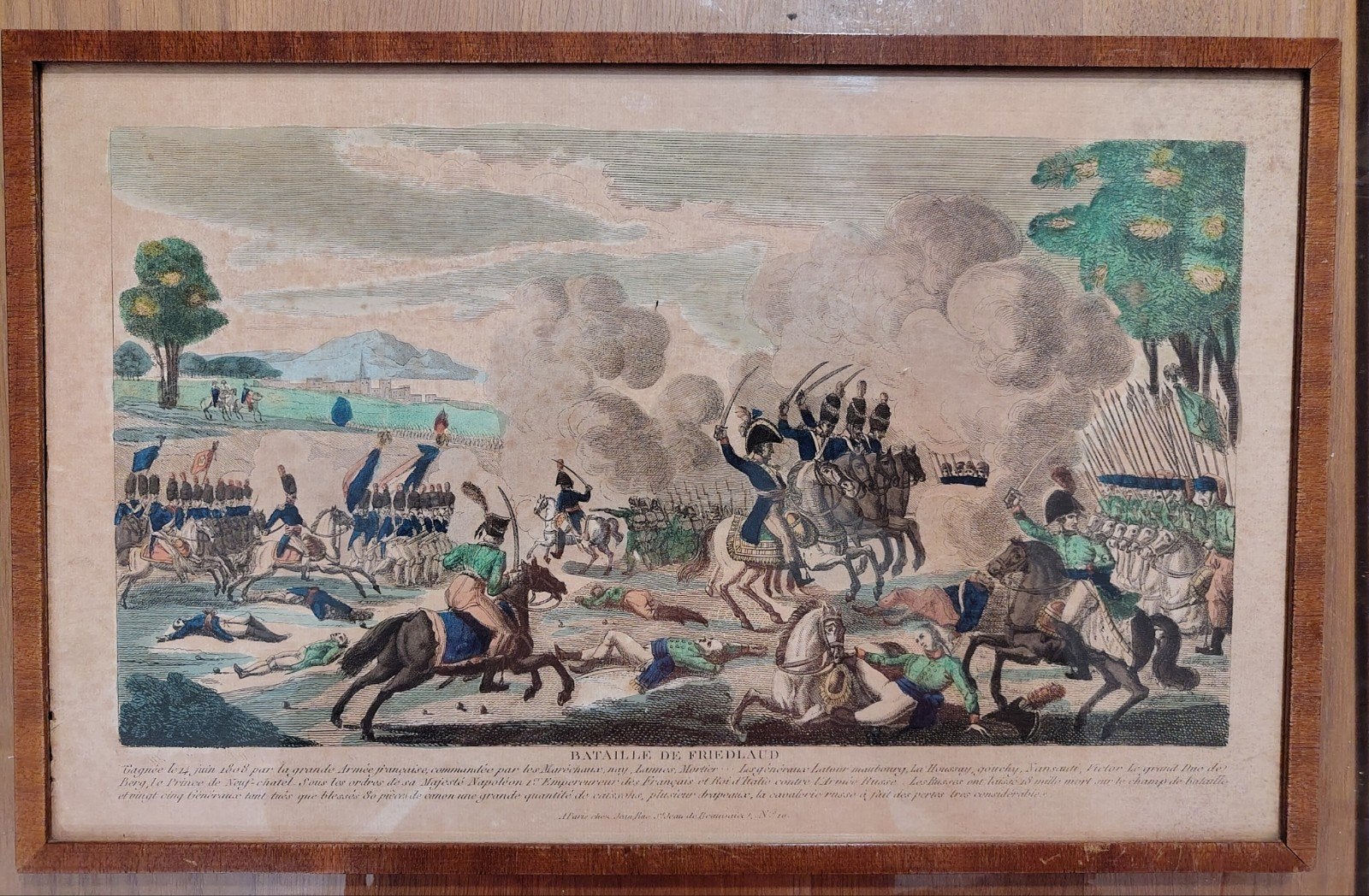 Historische ingekleurde kopergravure "Bataille de Friedland", 1800 - 1899, Ophalen of Verzenden, Gravure, 45 cm
