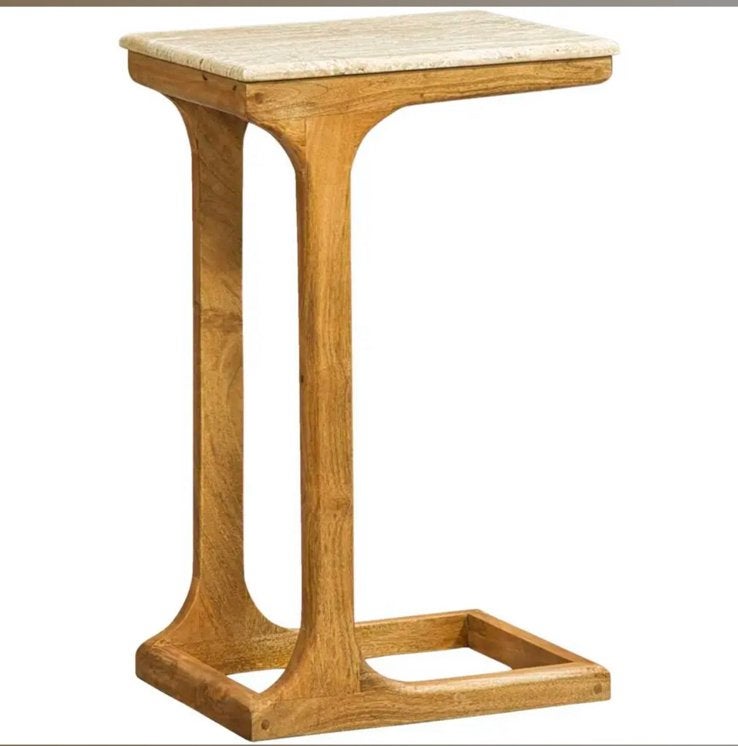 Travertin bijzettafel met mangohout, Huis en Inrichting, Ophalen, Minder dan 45 cm, Minder dan 55 cm, Zo goed als nieuw