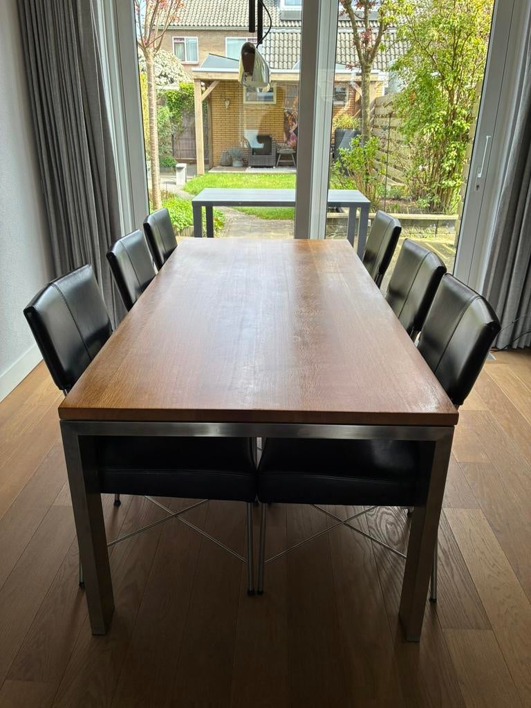 Eethoek met eikenblad en rvs poten, Ophalen, Zo goed als nieuw, 4 tot 6 stoelen