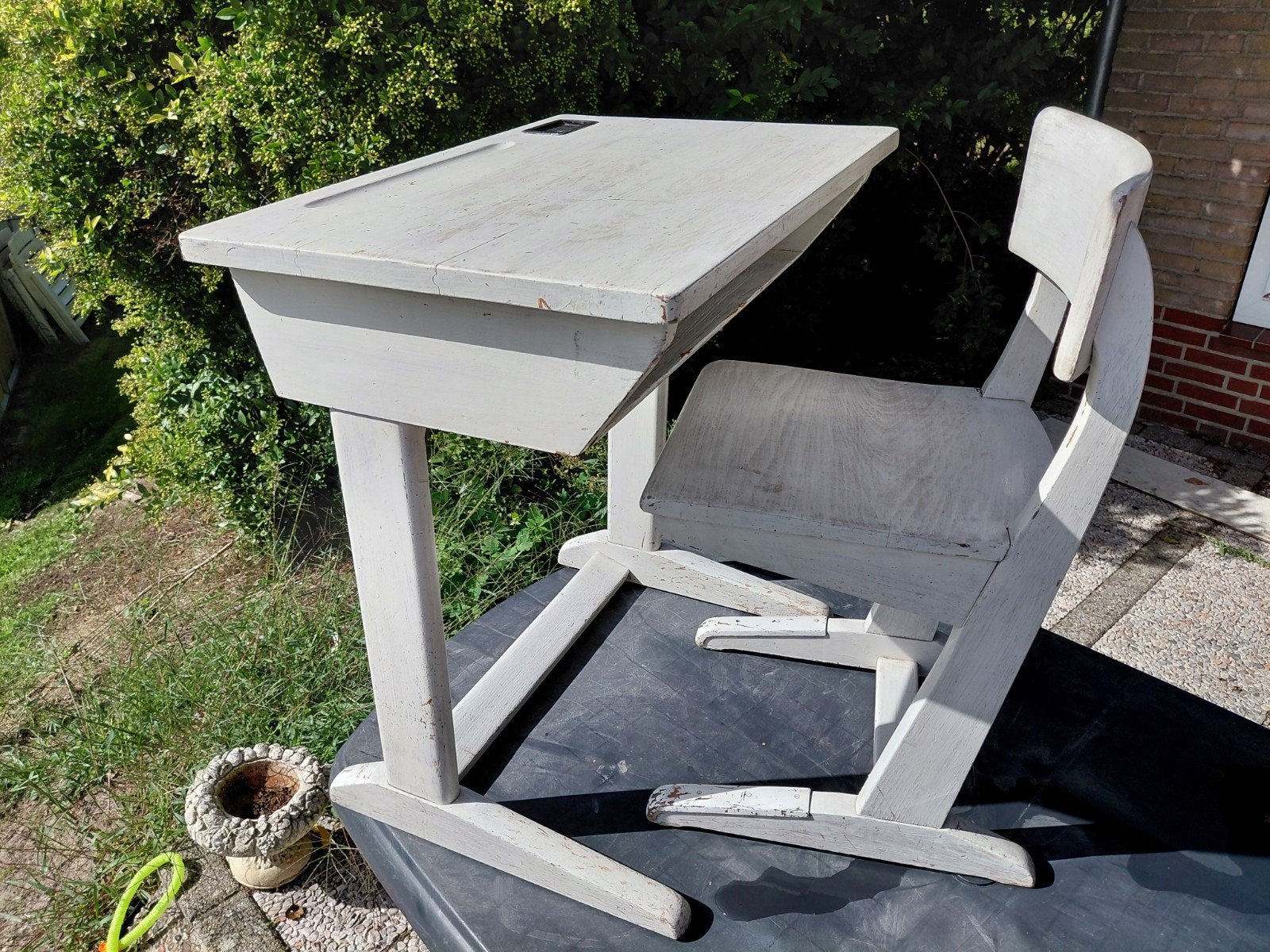 Vintage kinderbureau met stoel - wit hout, Ophalen