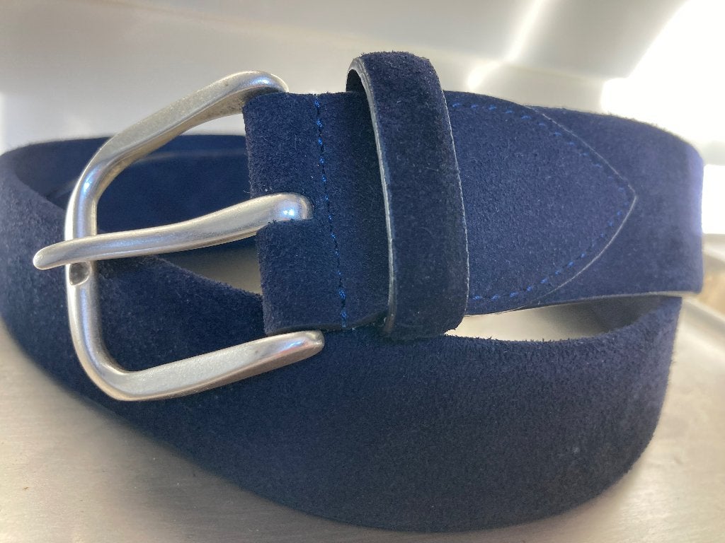 D’AMICO suède stretch riem donkerblauw 95/110, Ophalen, Overige kleuren, Echt leder, 105 tot 115 cm