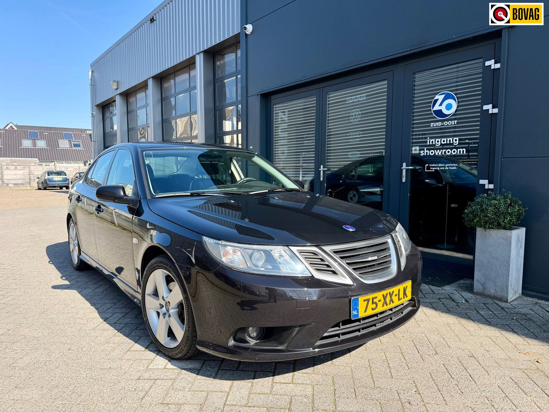 Saab 9-3 Sport Sedan 1.8T Hirsch uitlaat, Carplay dealeronde, Gebruikt, Zwart, 4 cilinders, Leder en Stof