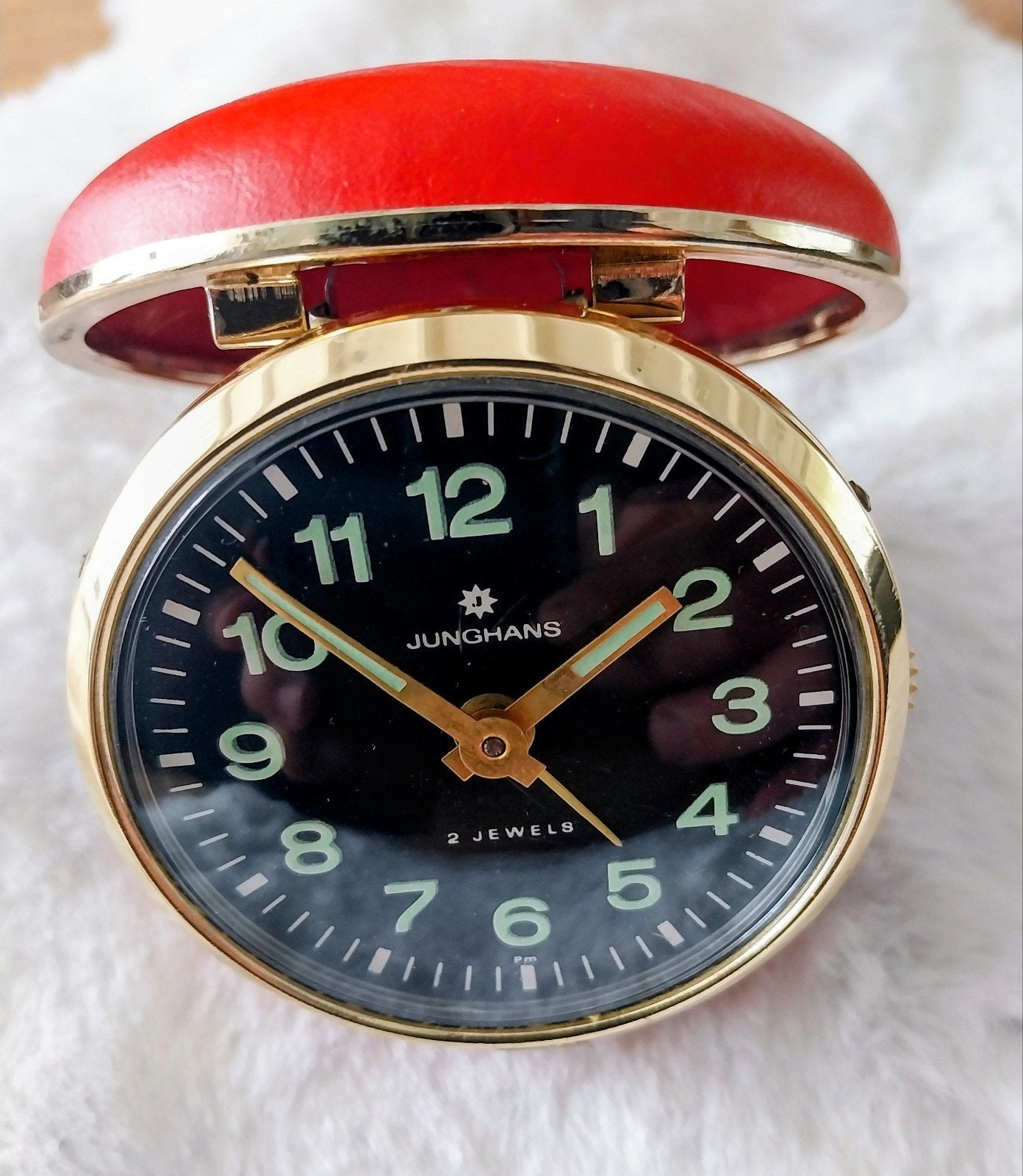 Vintage Junghans Reiswekker - Rood Leer - 2 Jewels, Ophalen of Verzenden