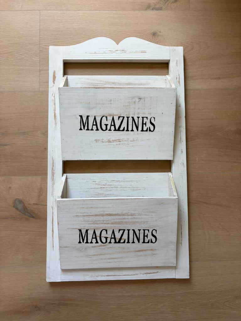 Houten, brocante tijdschriftenhouder wit, Ophalen, Zo goed als nieuw