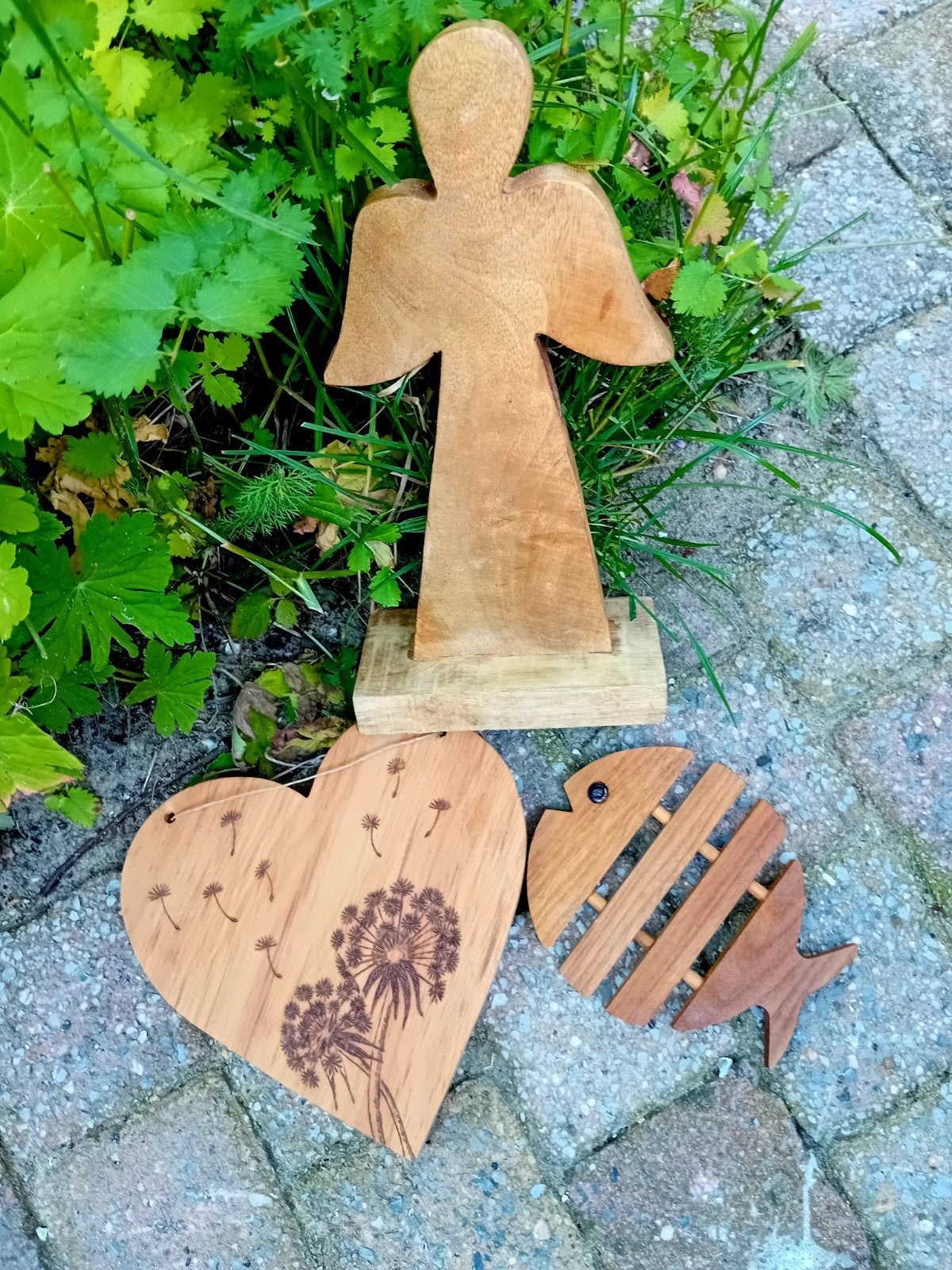 Houten decoratie trio: engel, hart en vis, Hout, Gebruikt, Verzenden, Landelijk