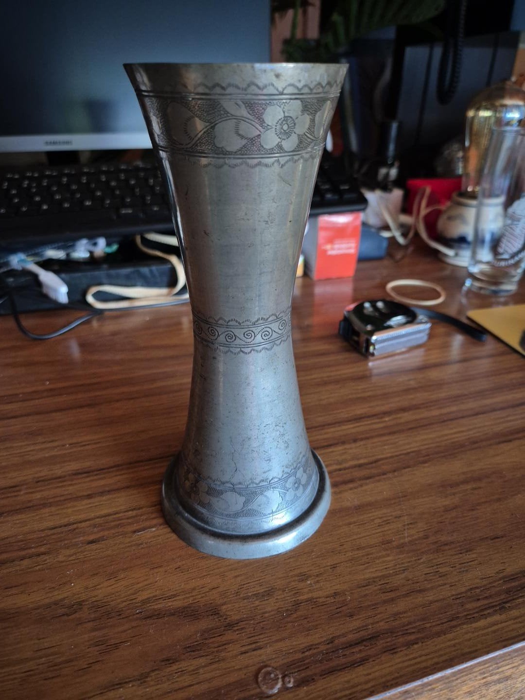 Antieke tinnen vaas Banka Blin Joe, 20cm hoog, Ophalen of Verzenden