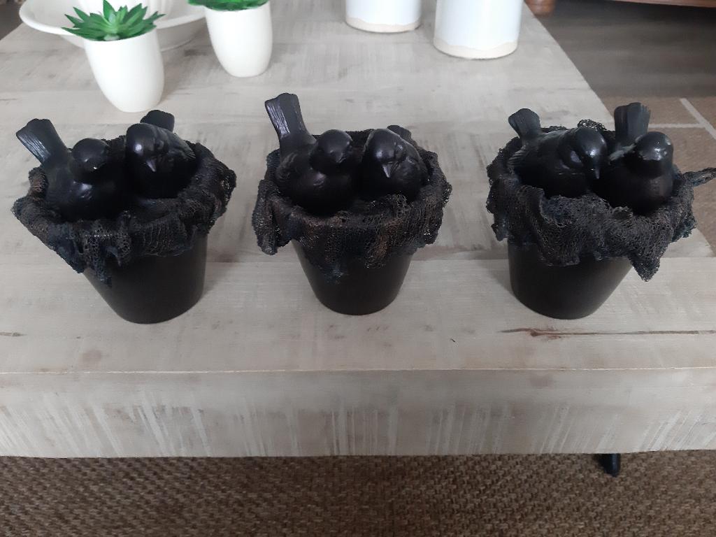 3 bruine bloempotten met stenen vogels, Ophalen, Zo goed als nieuw, Bruin, Overige materialen