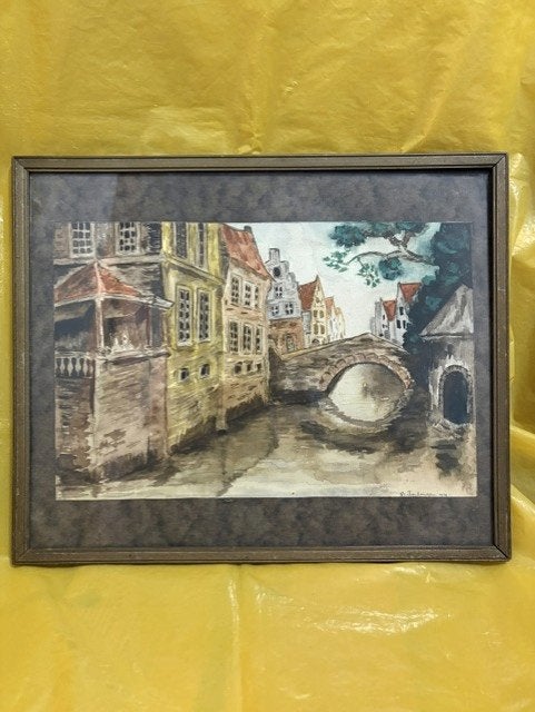 Aquarel 'Stadsgezicht Brugge, België', Antiek en Kunst, Ophalen of Verzenden