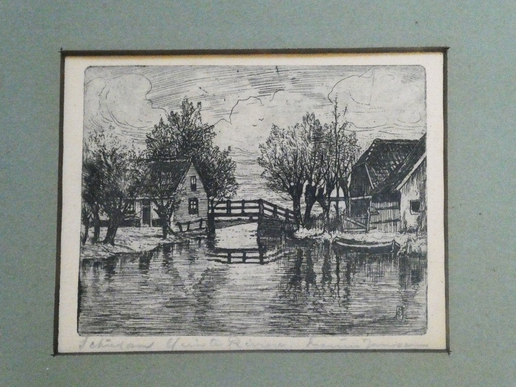 Ets Marius Janssen 't Huis te Riviere Schiedam ca. 1930, Met monogram, Ets, Ophalen of Verzenden, 24 cm