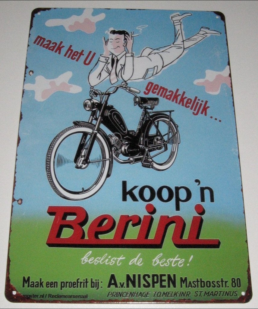 BERINI BROMMER : Metalen Bord Oldtimer Berini Brommer, Verzenden, Nieuw, Reclamebord