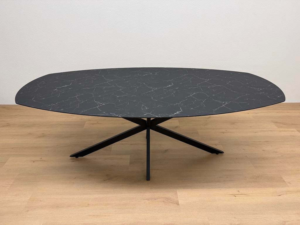 Deens ovale eettafel HPL 220x110 Marmer - Direct Leverbaar, 100 tot 150 cm, 200 cm of meer, Ophalen of Verzenden, Zo goed als nieuw