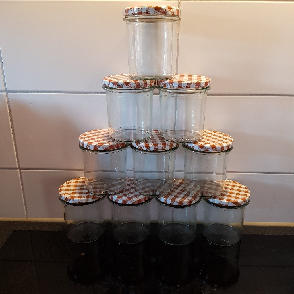 Potje leeg met bruin geruite deksel 13x, Voorraadpot, Ophalen of Verzenden, Zo goed als nieuw, Glas